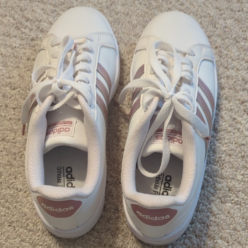 Adidas White Sneakers with Pink Stripes